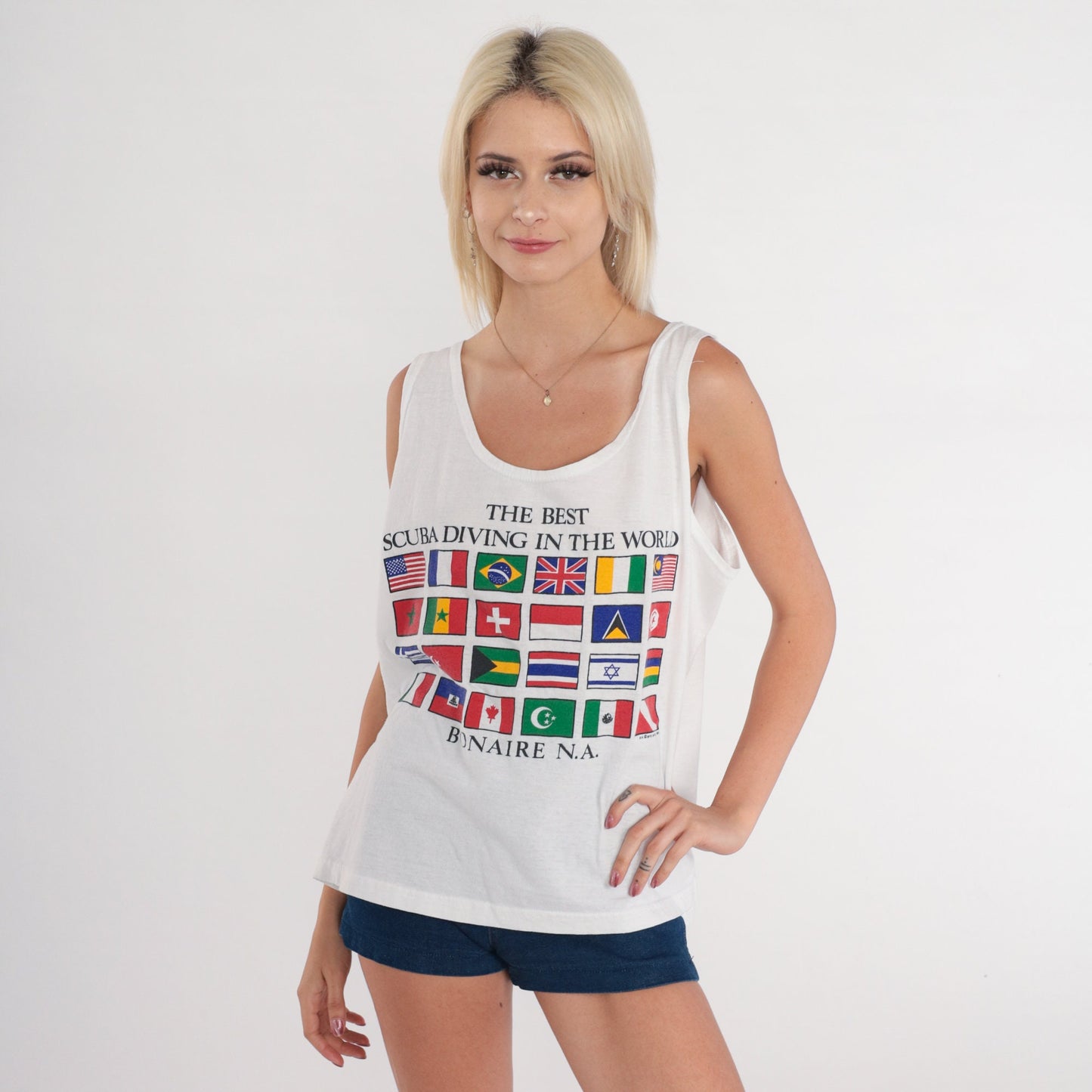90s Bonaire Scuba Diving Flag Tank Top White Graphic Tee Large L