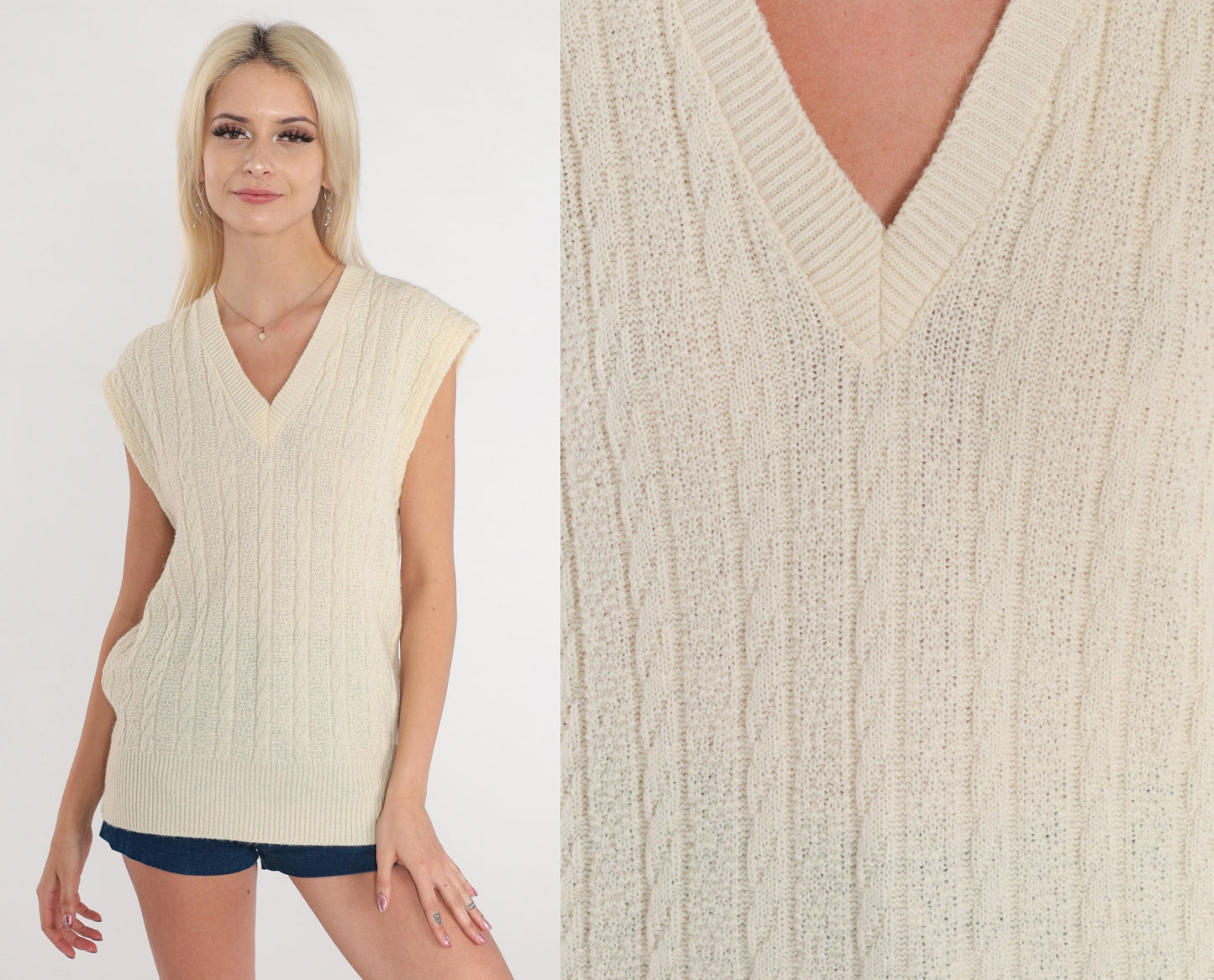 70s Cable Knit Sweater Vest Cream V-Neck Sleeveless Pullover Medium