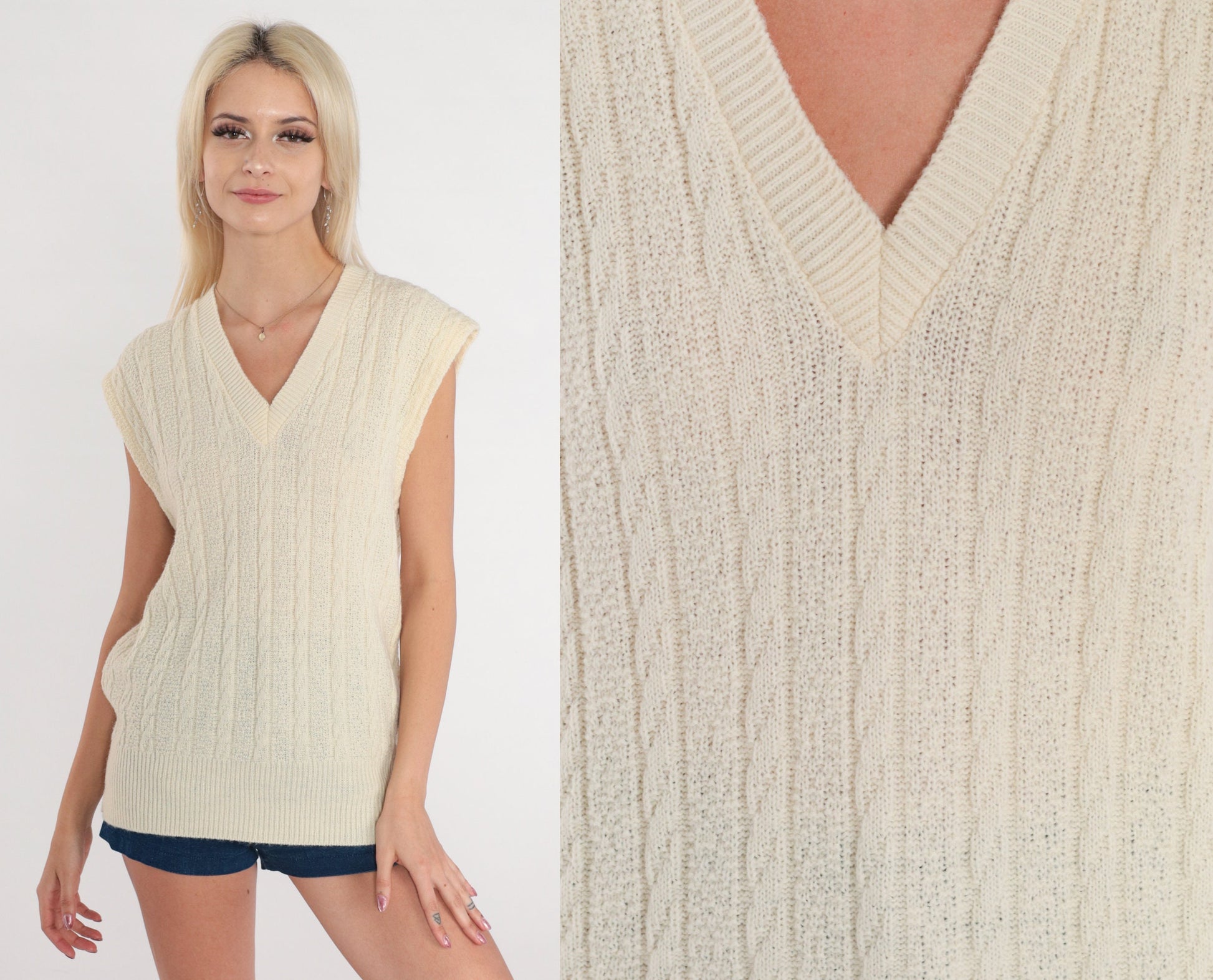 70s Cable Knit Sweater Vest Cream V-Neck Sleeveless Pullover Medium