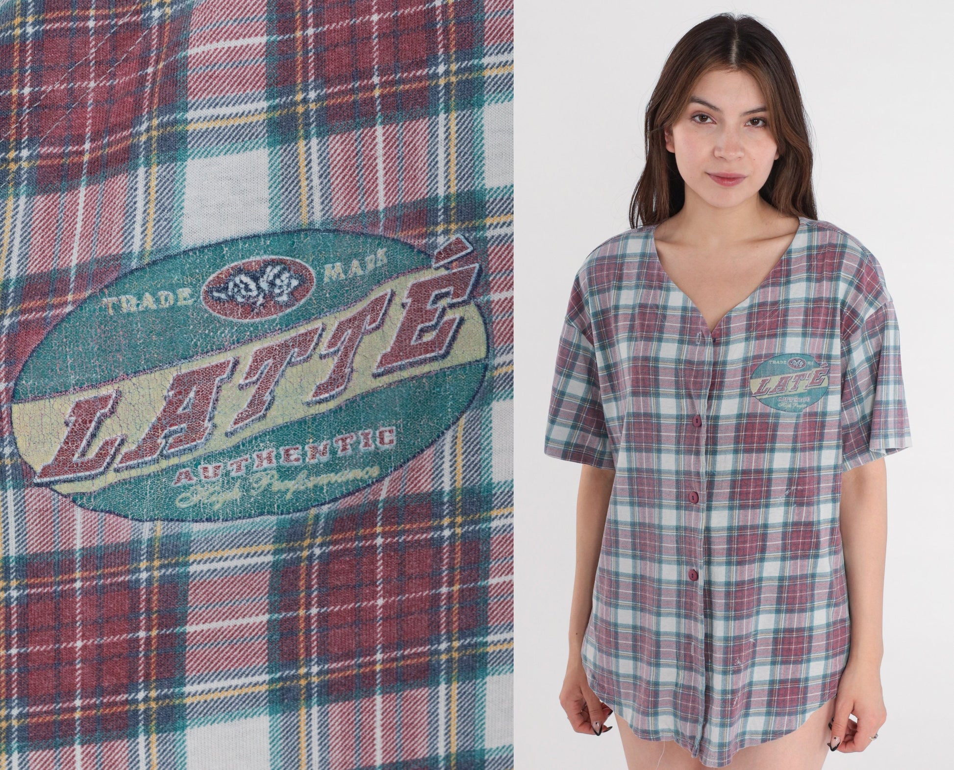 90s Latte Sport Plaid Button Up Shirt Short Sleeve Large L