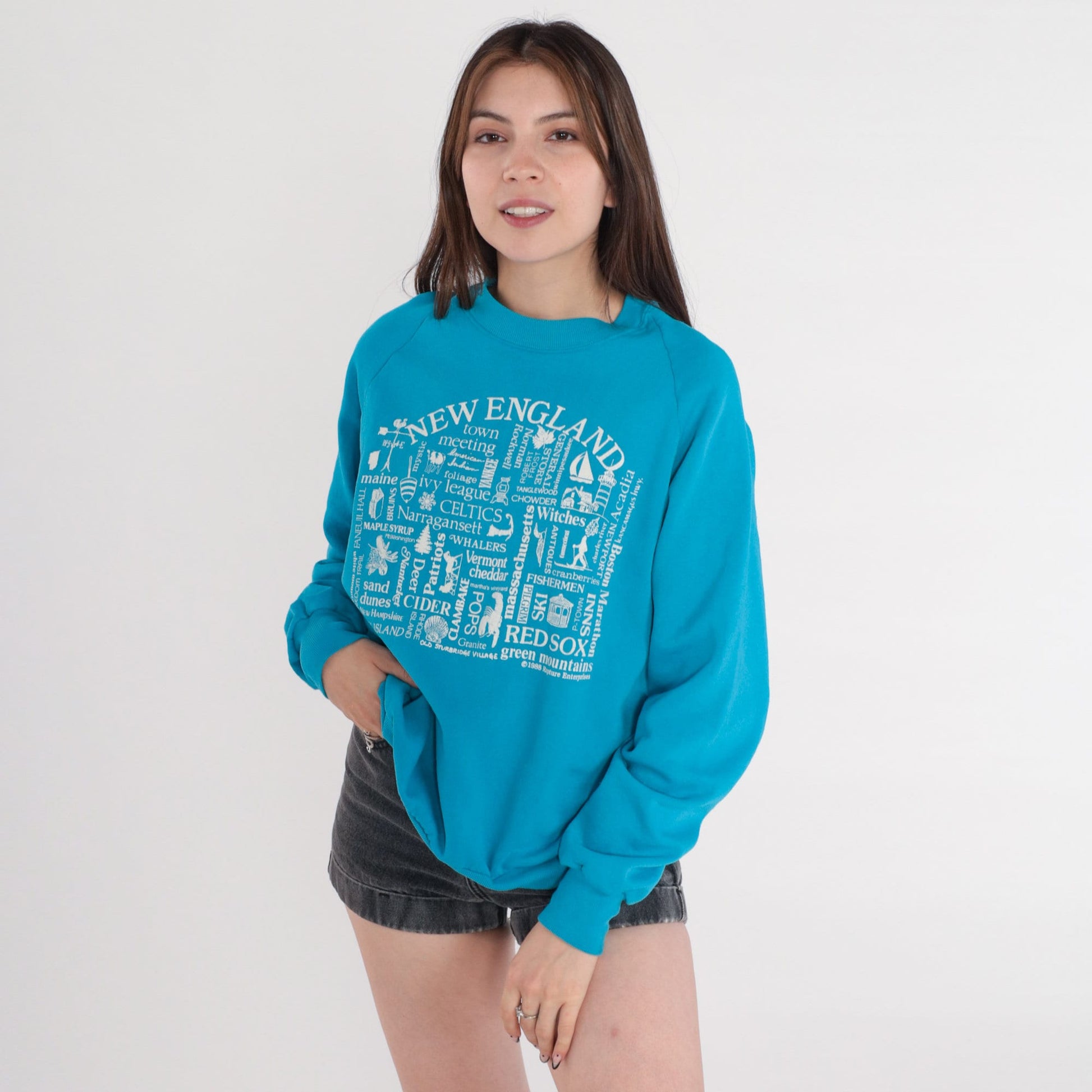 80s New England Raglan Sweatshirt Blue Graphic Crewneck Large