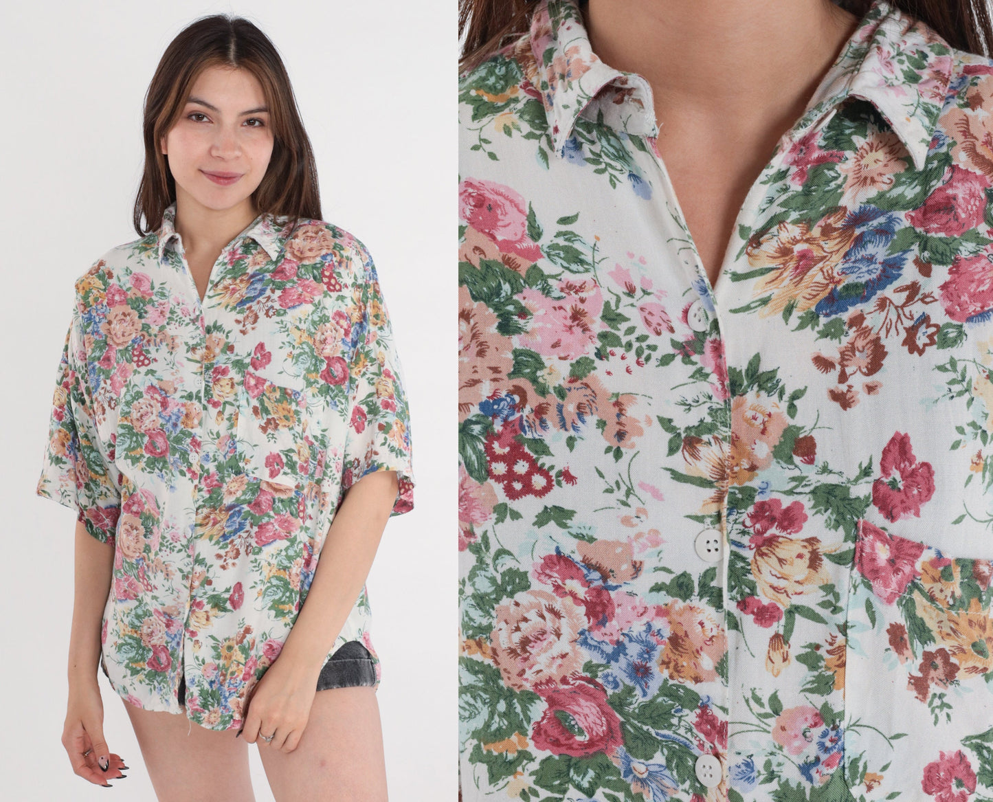 90s White Floral Button-Up Blouse Short Sleeve Collared Shirt Rose Print Large