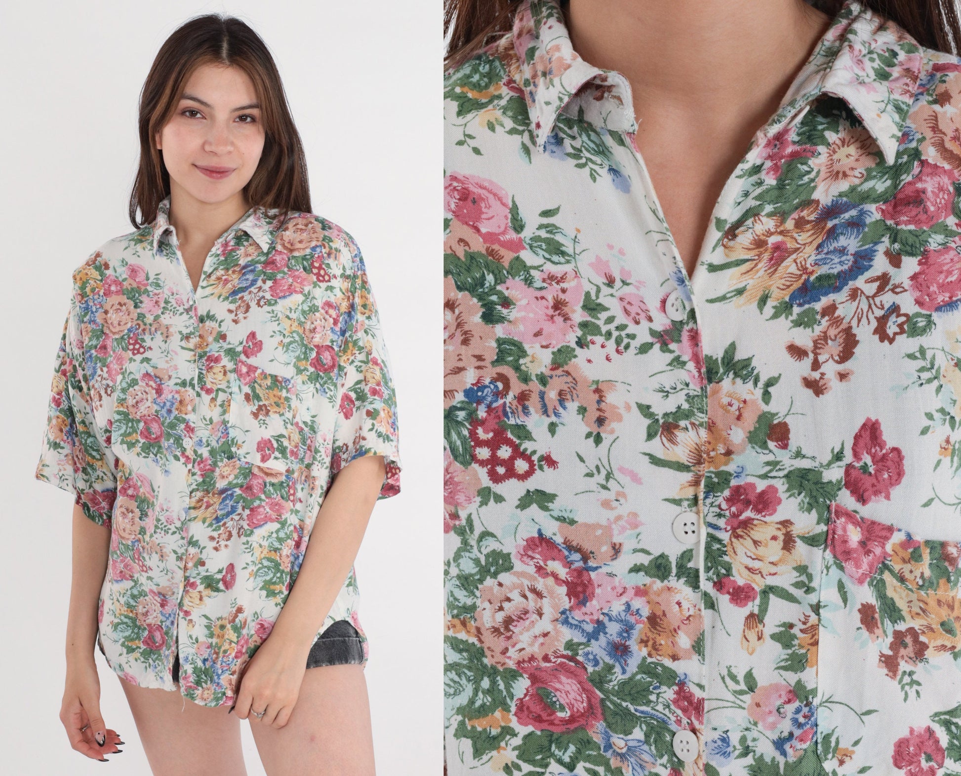 90s White Floral Button-Up Blouse Short Sleeve Collared Shirt Rose Print Large