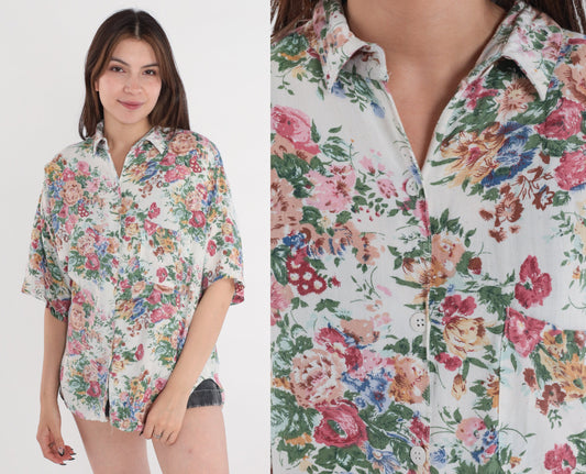 90s White Floral Button-Up Blouse Short Sleeve Collared Shirt Rose Print Large
