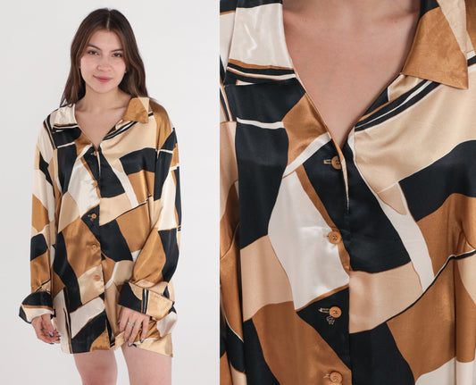 Y2K Abstract Print Button-Up Blouse Long Sleeve Brown Black Cream Extra Large