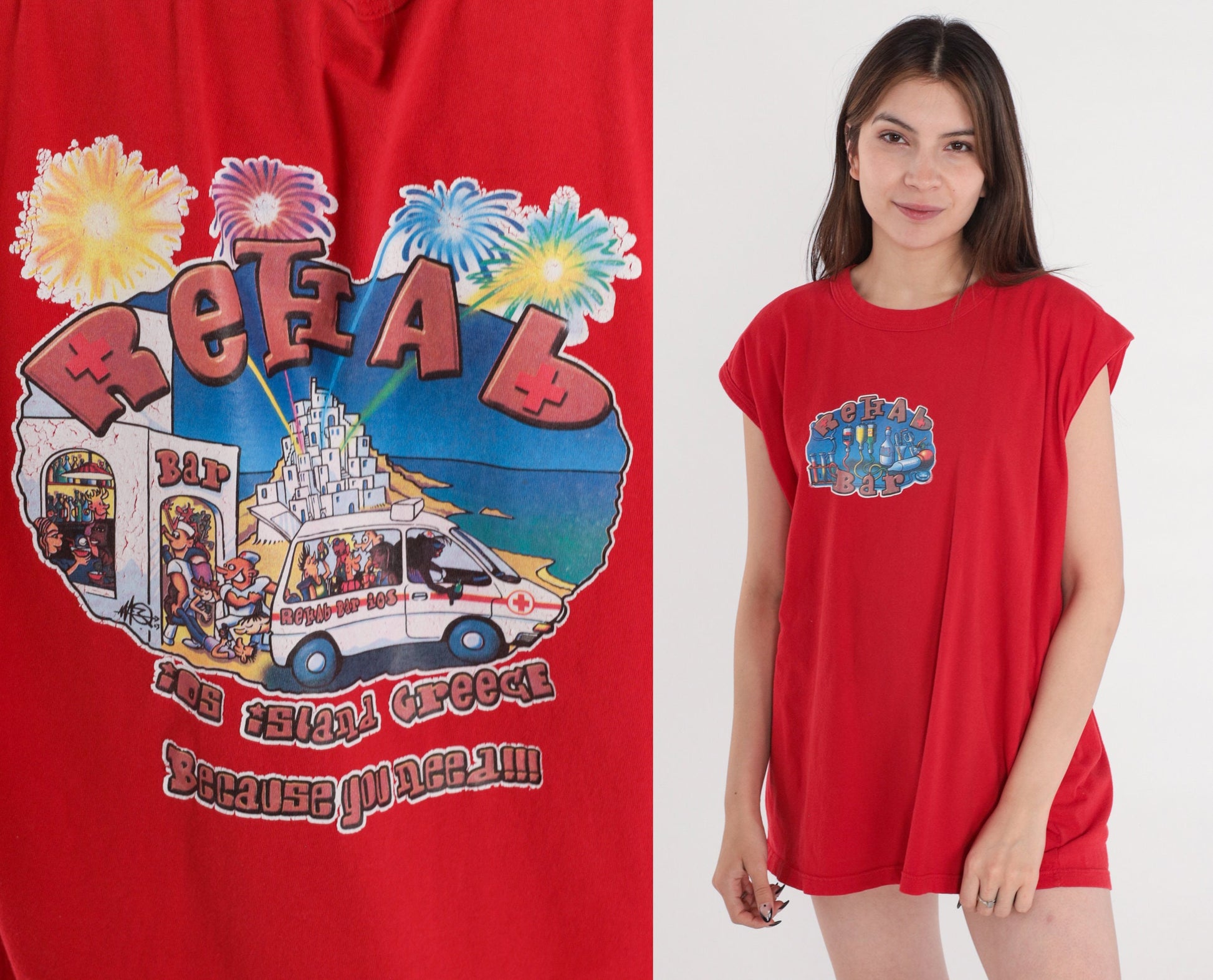 00s Rehab Bar Ios Island Greece Muscle Tank Top Red Graphic Large L