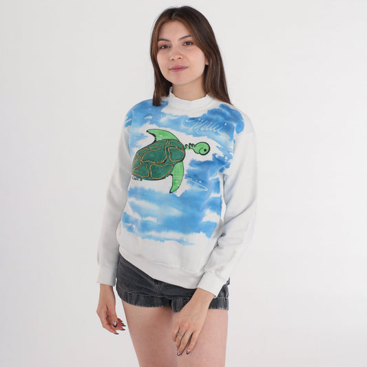 90s Maui Turtle Airbrushed Glitter Sweatshirt White Mockneck Extra Small XS