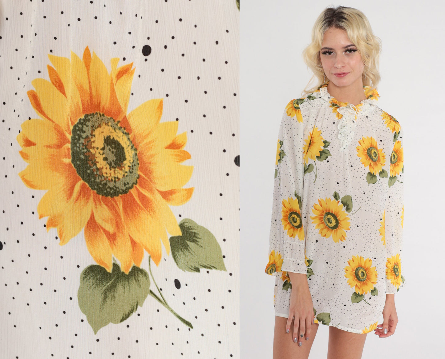 70s Sunflower Print Shift Dress White Long Sleeve Micro Mini Small