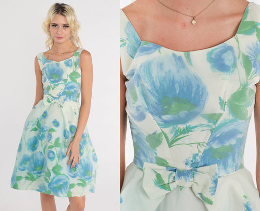 1960s White Floral Blue Mini Dress Bow Waist Sleeveless XXS