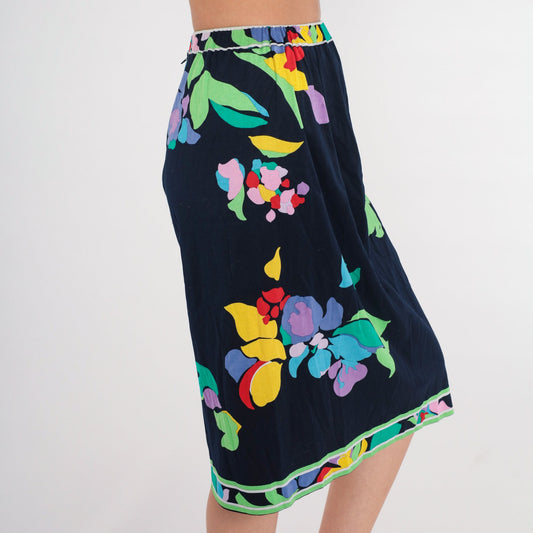 70s Leonard Floral Midi Skirt Navy High Waist Cotton Small