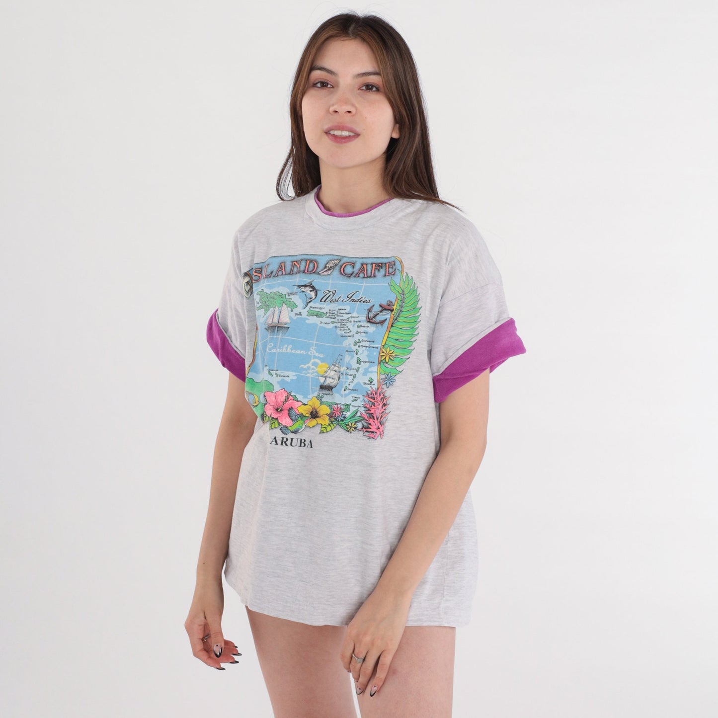 90s Island Cafe Aruba Graphic T-Shirt Grey Purple Cuff Large