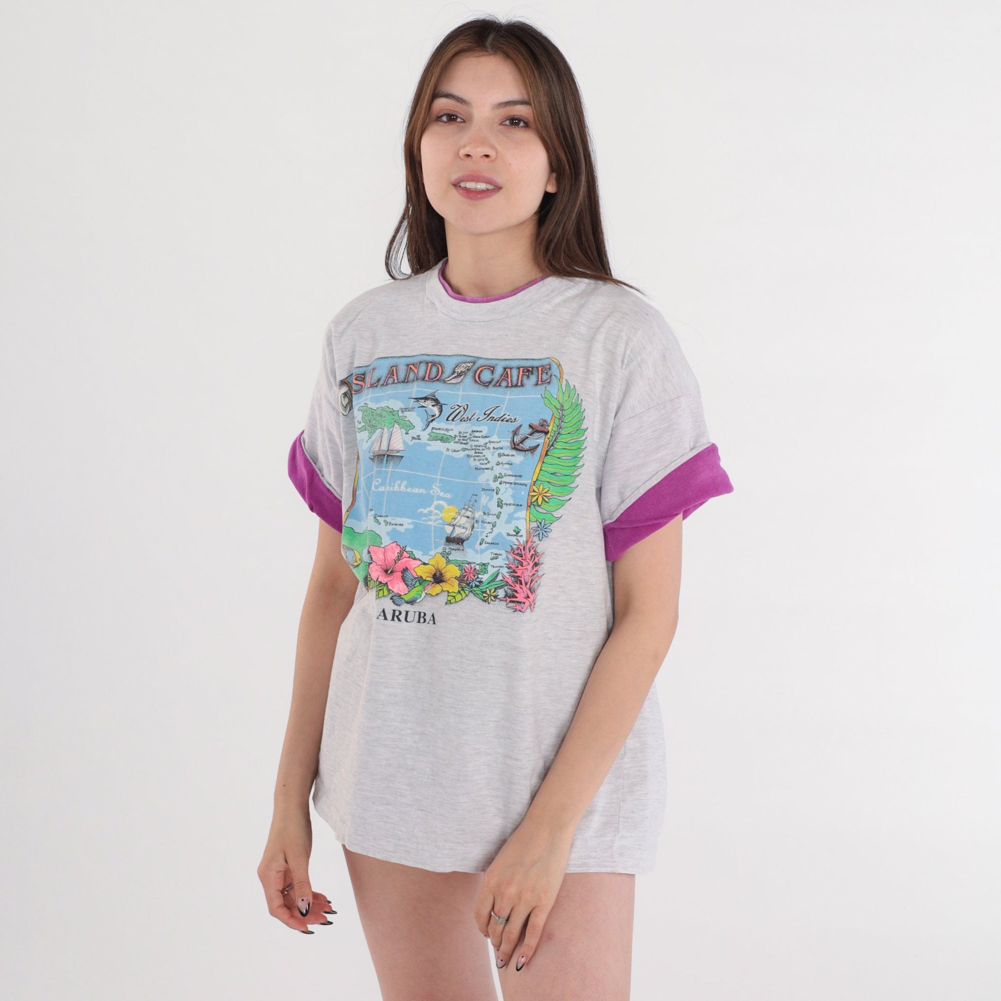 90s Island Cafe Aruba Graphic T-Shirt Grey Purple Cuff Large