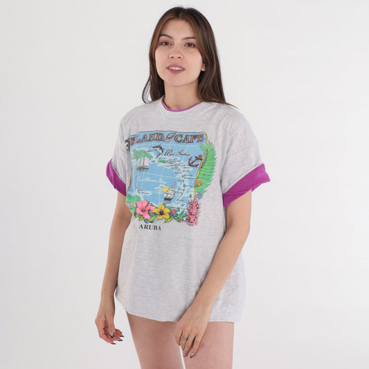 90s Island Cafe Aruba Graphic T-Shirt Grey Purple Cuff Large