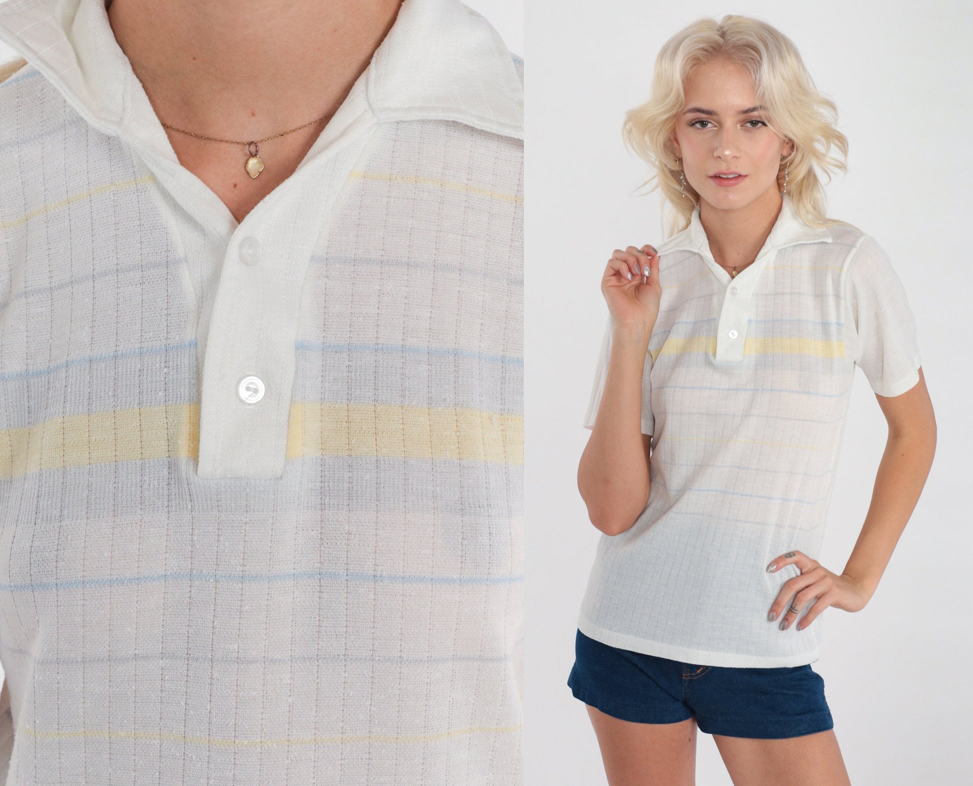 70s Striped Polo Shirt White Baby Blue Pastel Yellow Small