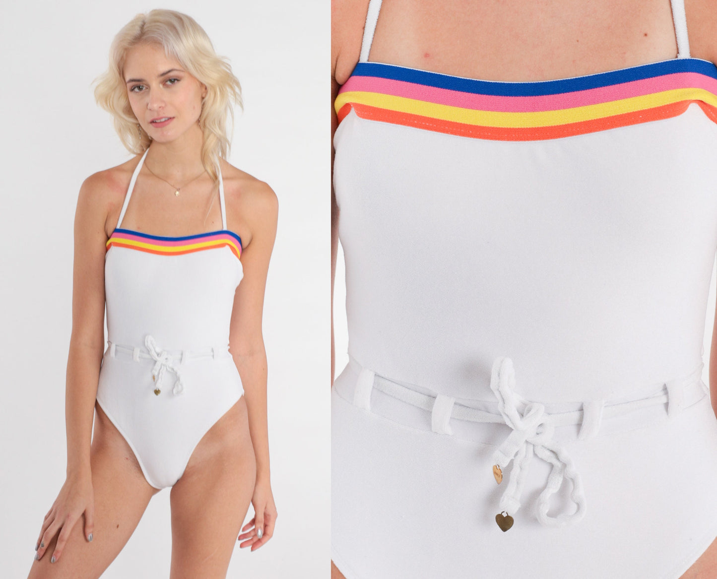 Y2K Juicy Couture One-Piece Swimsuit White Multicolor Striped Halter Small