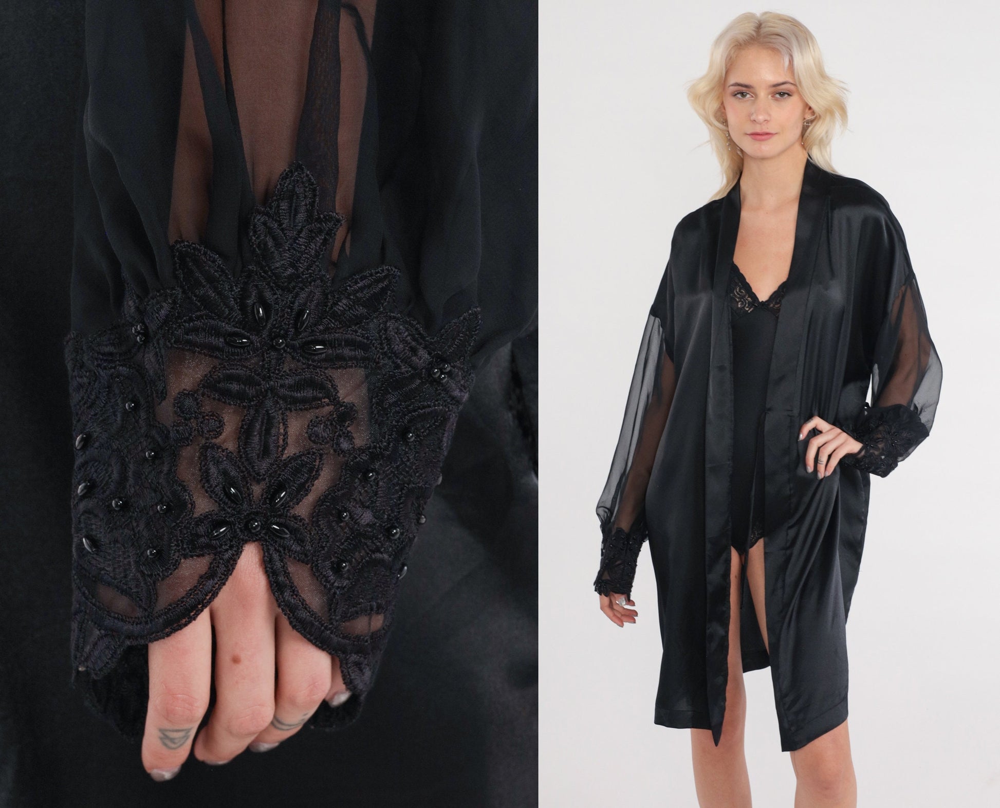 90s Black Bed Jacket Floral Lace Trim Open Front Robe Large L