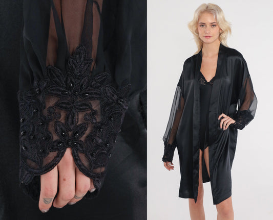 90s Black Bed Jacket Floral Lace Trim Open Front Robe Large L