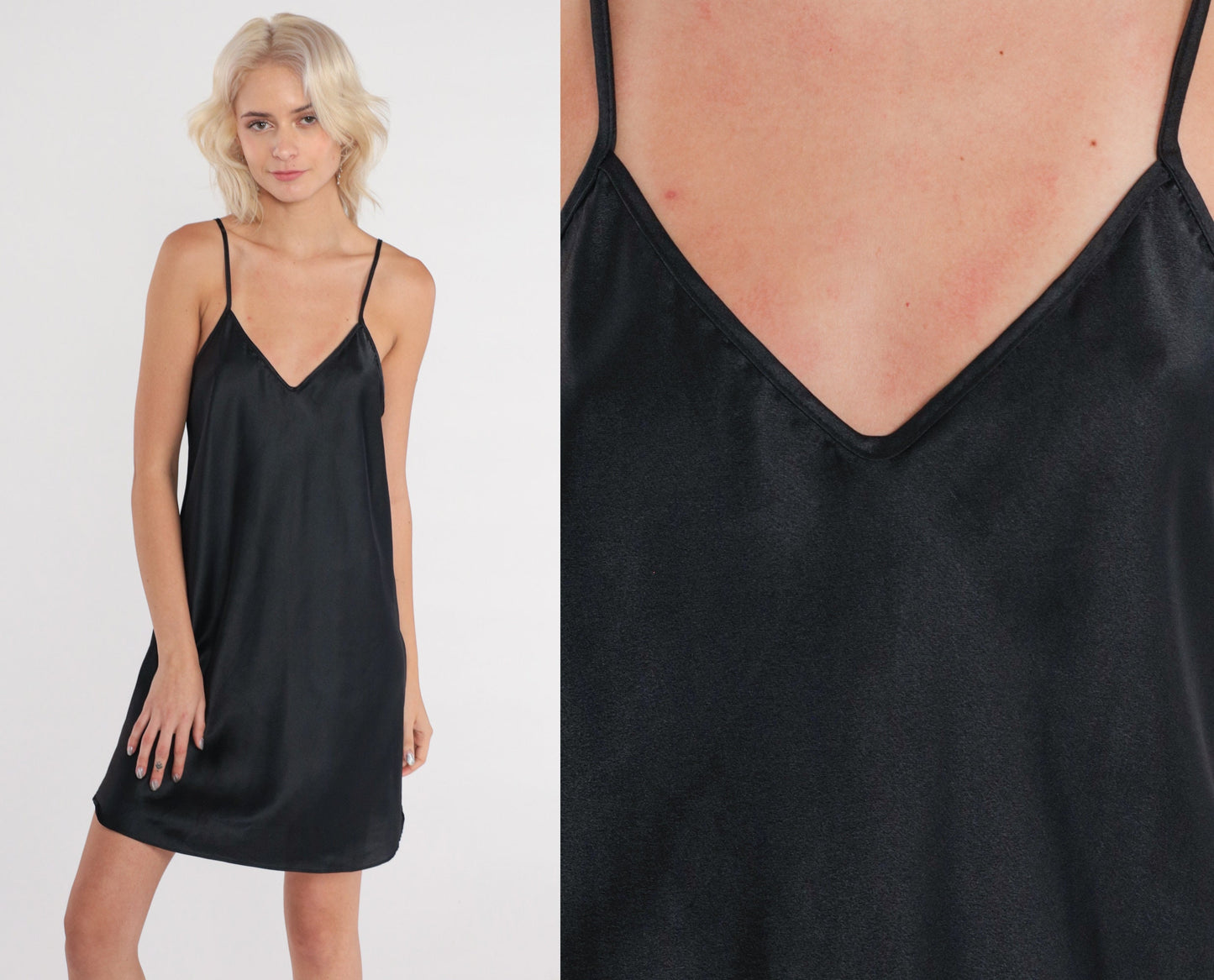90s Black Satin Slip Dress V-Neck Spaghetti Strap Mini Medium