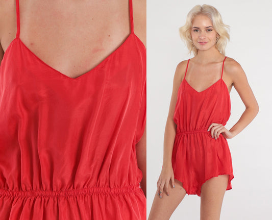 Y2K Red Silk Teddy Romper Spaghetti Strap Dolphin Shorts Medium M