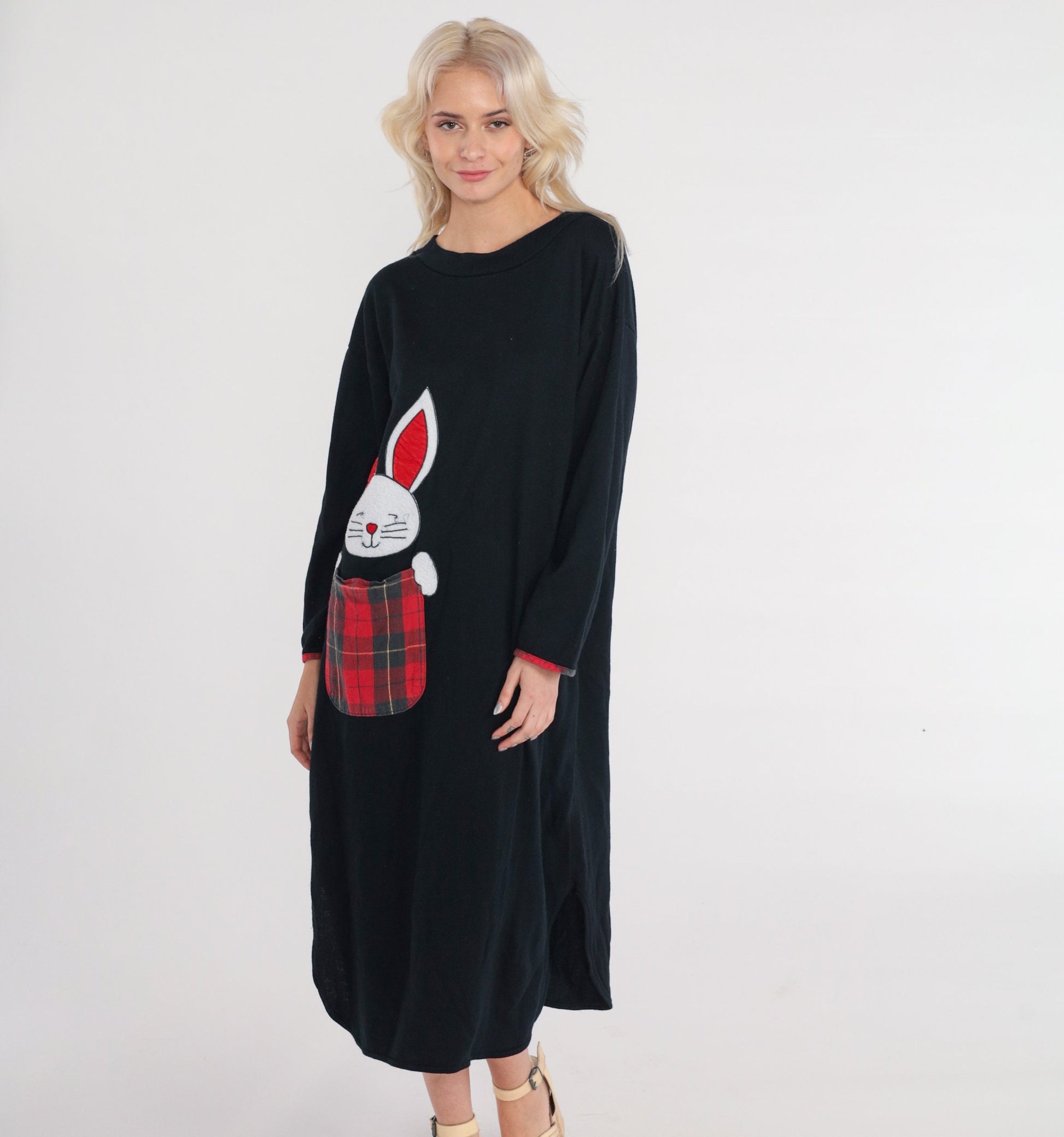 90s Bunny Pajama Dress Black Plaid Pocket Midi Nightgown Long Sleeve Small