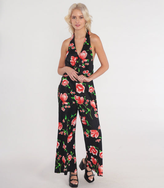 70s Black Floral Halter Jumpsuit Bell Bottom Wide Leg Medium M