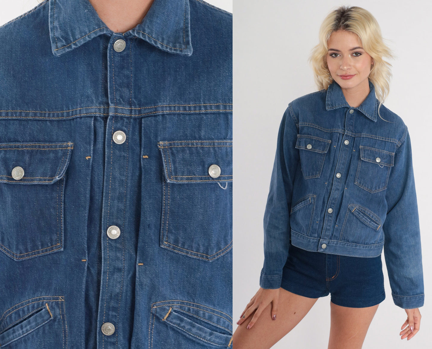 70s Blue Denim Jacket Collared Button-Up Jean Coat Small S