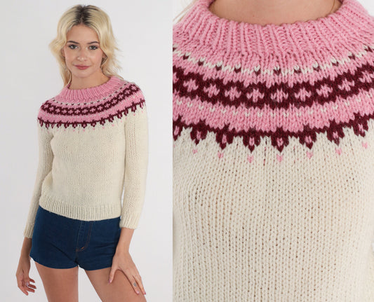 70s Fair Isle Sweater Cream Pink Nordic Knit Crewneck Extra Small