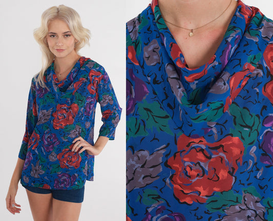 80s Floral Cowl Neck Blouse 3/4 Sleeve Blue Purple Red Small