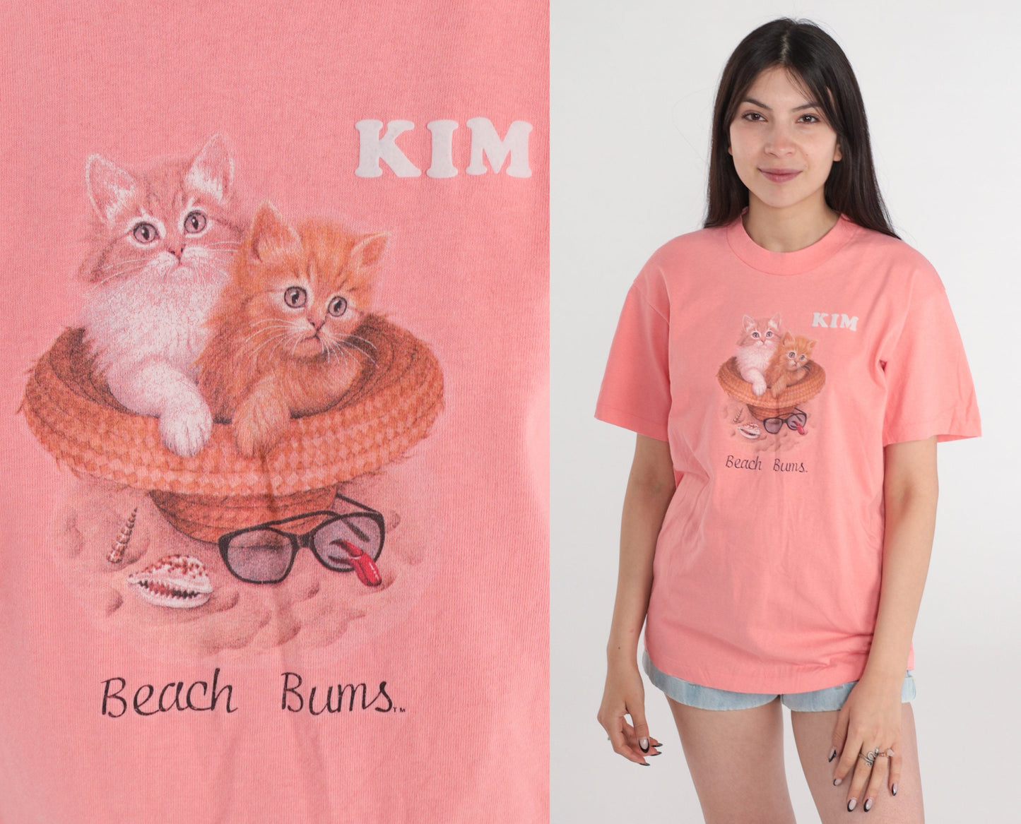 90s Beach Bums Cat Graphic T-Shirt Pink Kitten Tee Medium