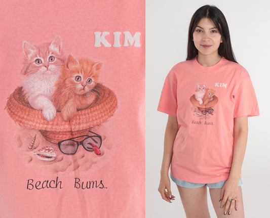 90s Beach Bums Cat Graphic T-Shirt Pink Kitten Tee Medium