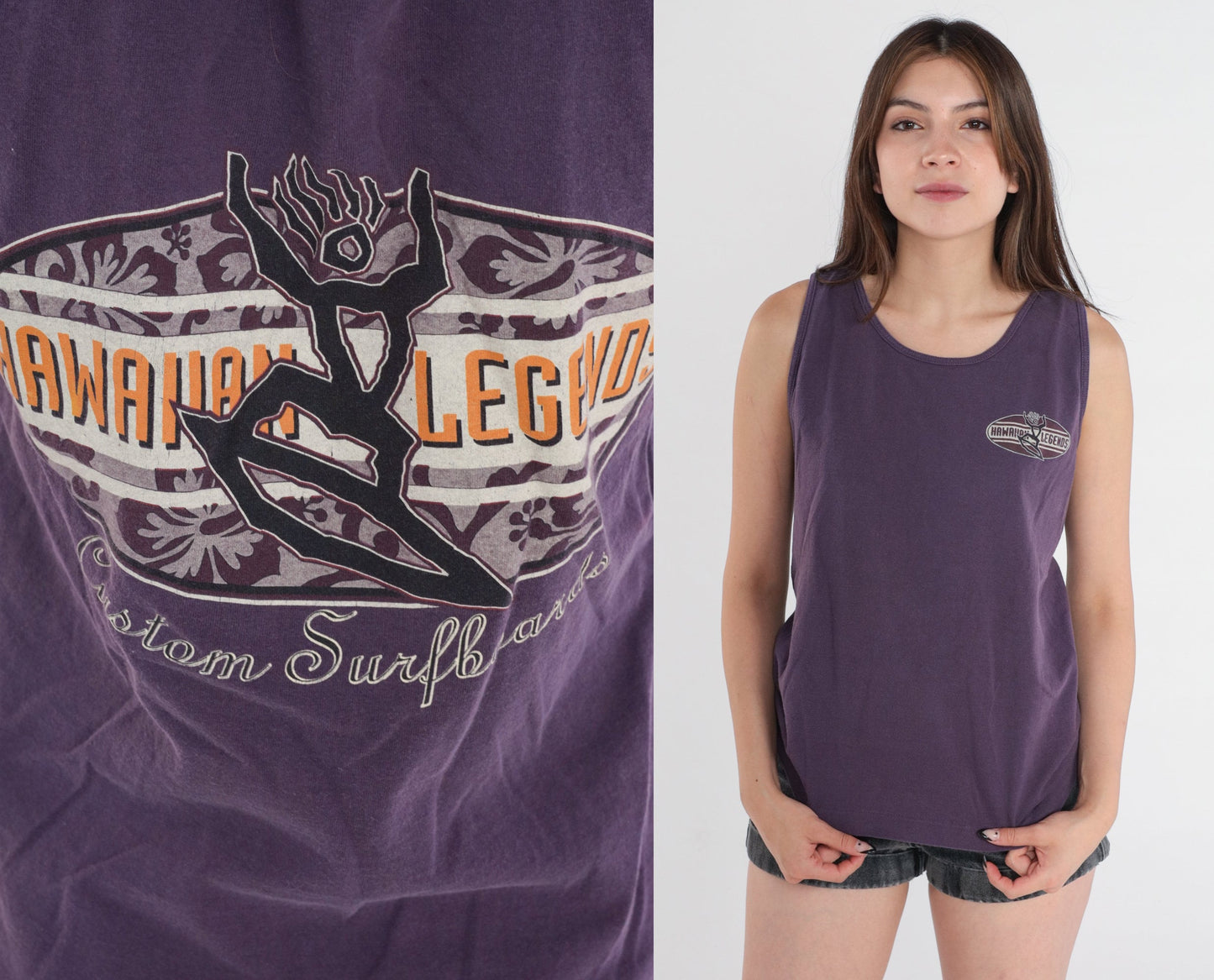 90s Hawaiian Legends Surf Graphic Tank Top Purple Cotton Small S