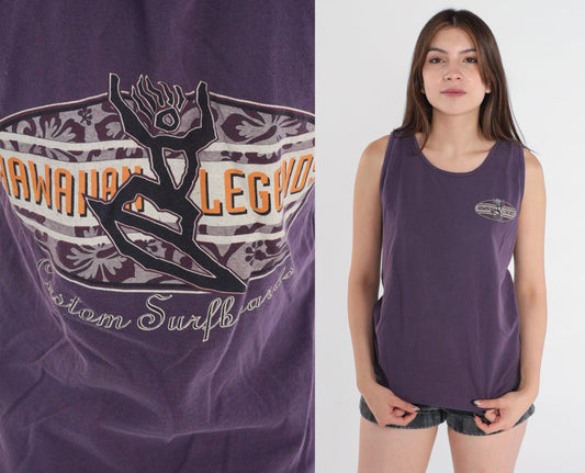 90s Hawaiian Legends Surf Graphic Tank Top Purple Cotton Small S