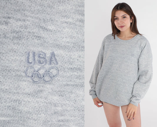 80s USA Embroidered Crewneck Sweatshirt Heather Grey Extra Large