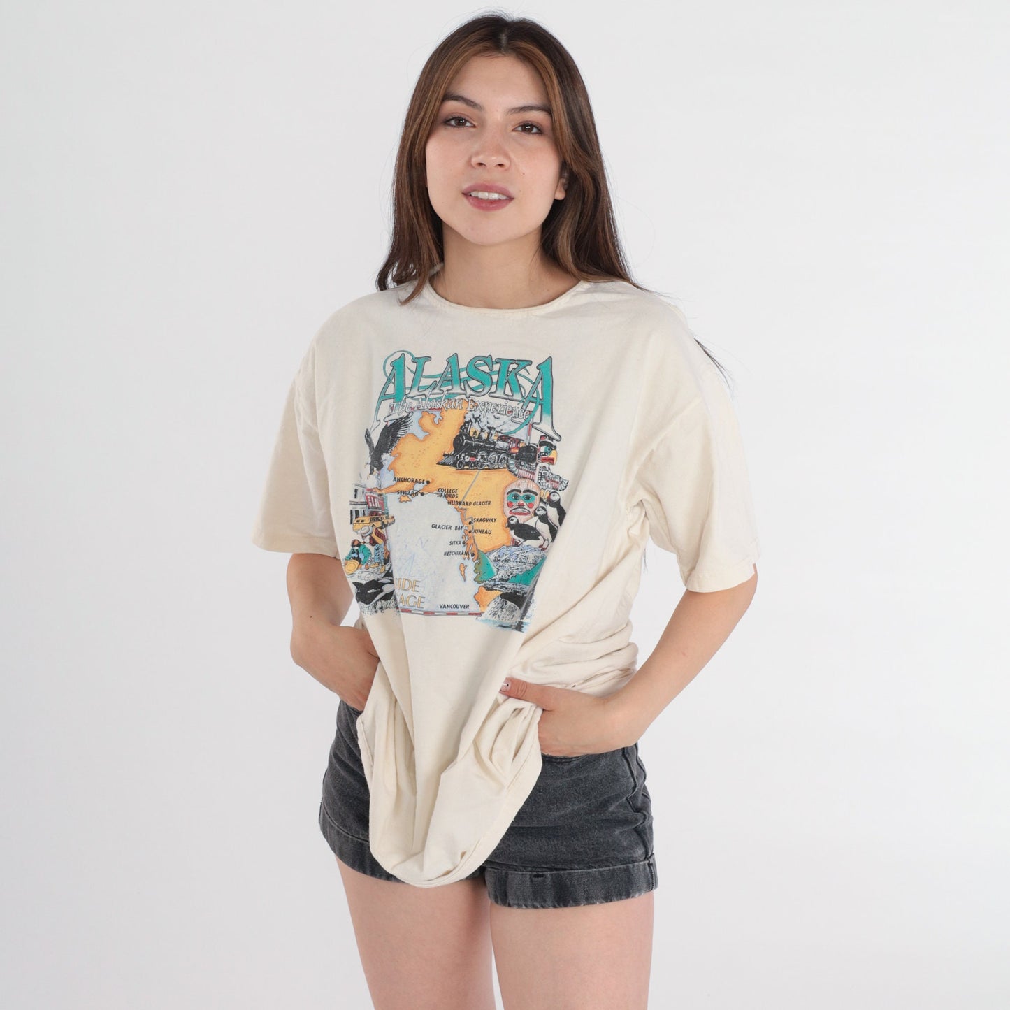 90s Alaska Map Graphic T-Shirt Jerzees Cream Cotton Large