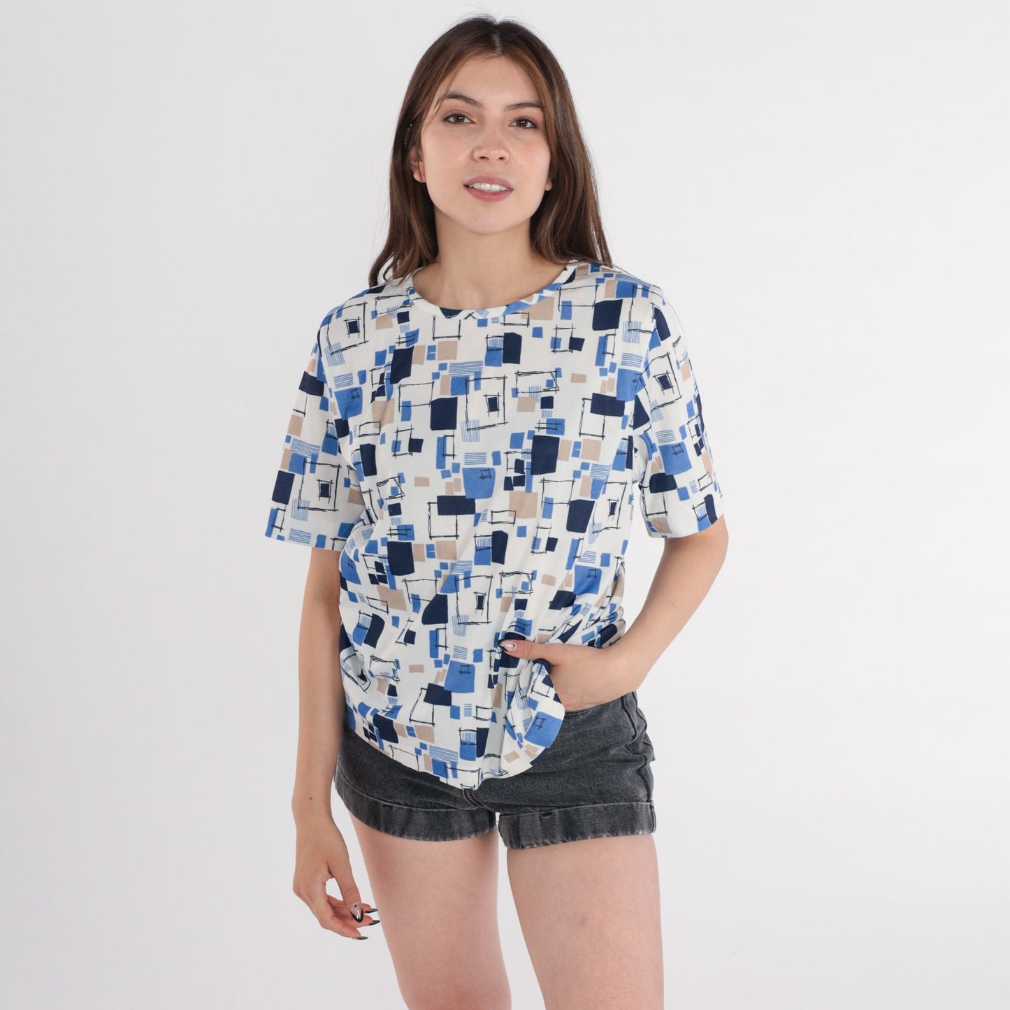 90s Geometric Square Print Blouse Short Sleeve White Blue Beige Large L