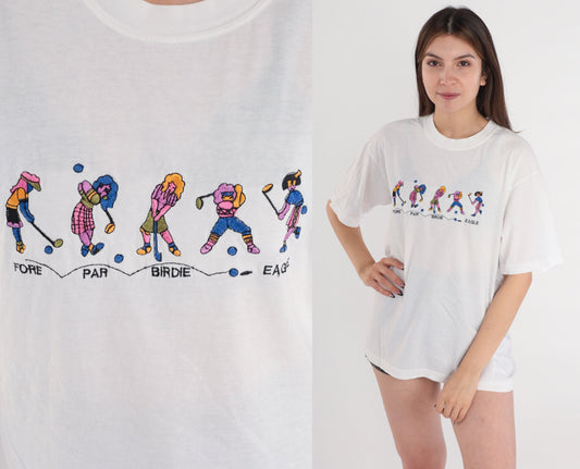 00s Golfer Girl Embroidered Golf Graphic T-Shirt White Cotton Medium