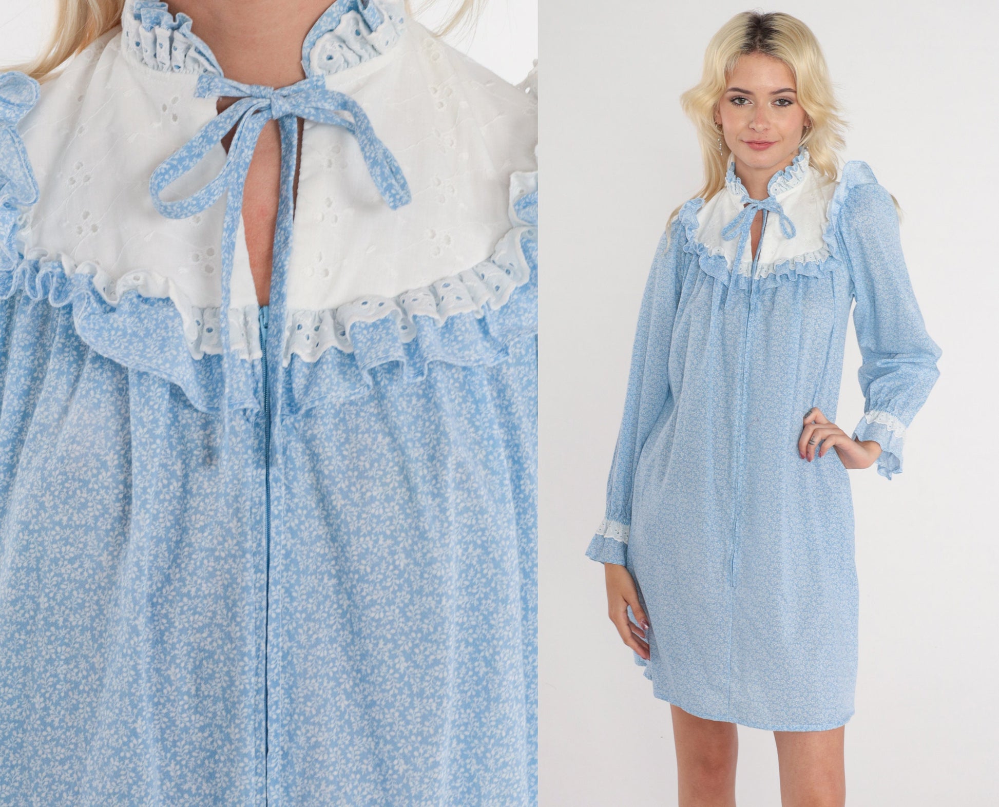 80s Blue Floral Mini Dress Eyelet Bib Puff Sleeve Calico Extra Small