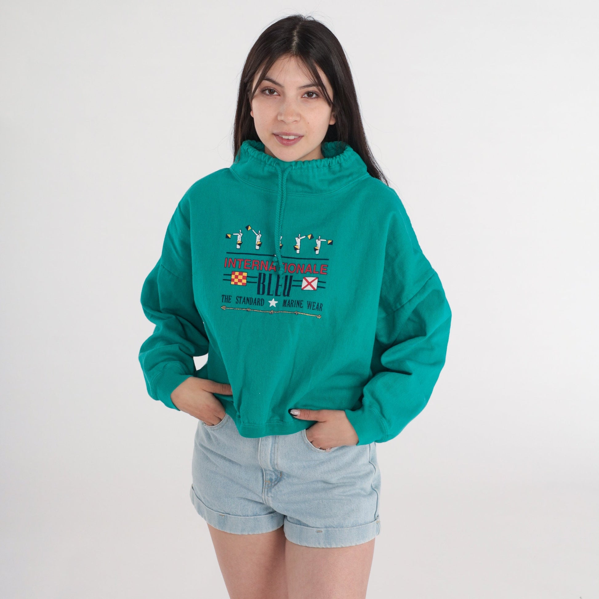 90s Internationale Bleu Nautical Cotton Sweatshirt Green Funnel Neck Small Medium