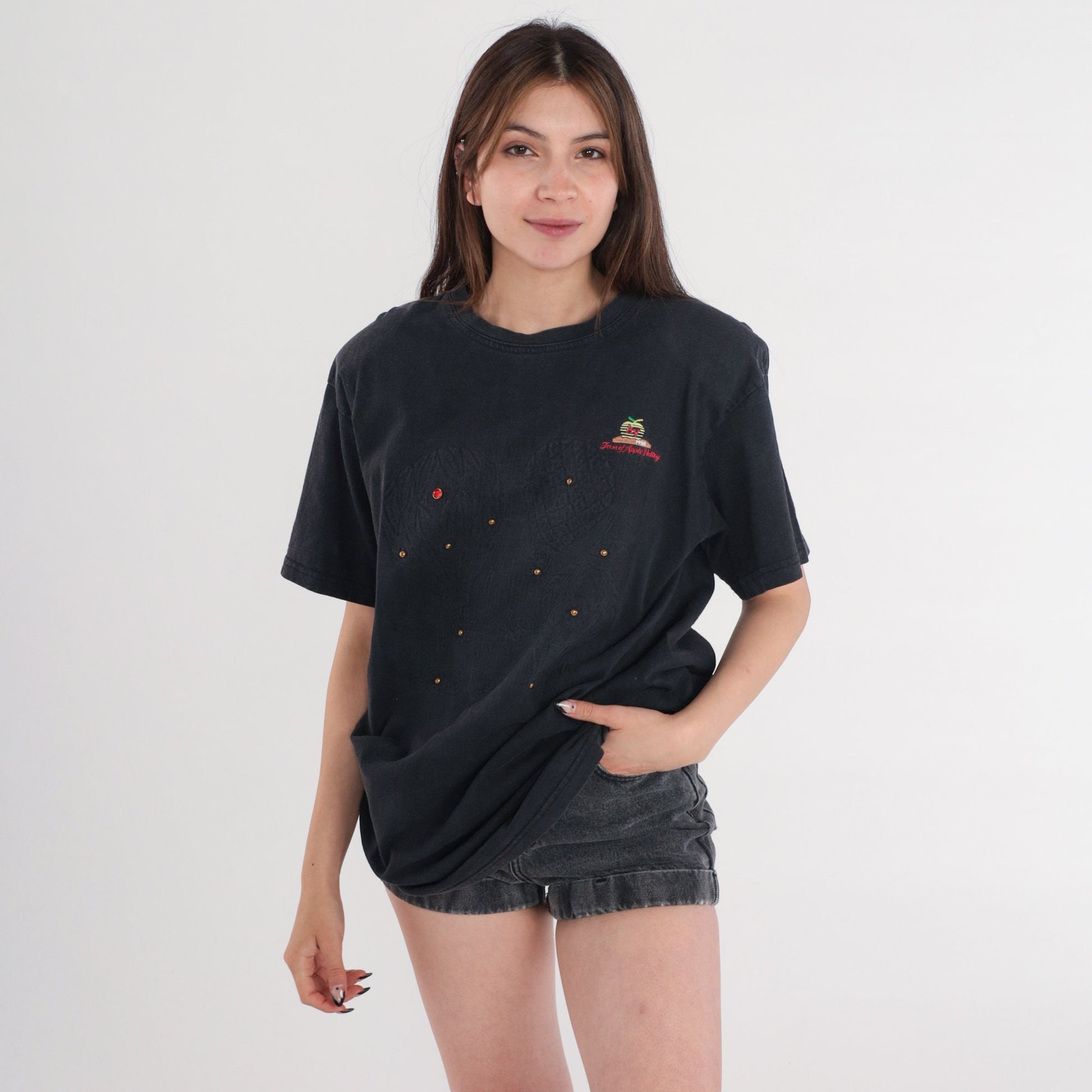 90s Apple Valley California Graphic Tee Black Studded Rhinestone Hot Air Balloon Extra Large