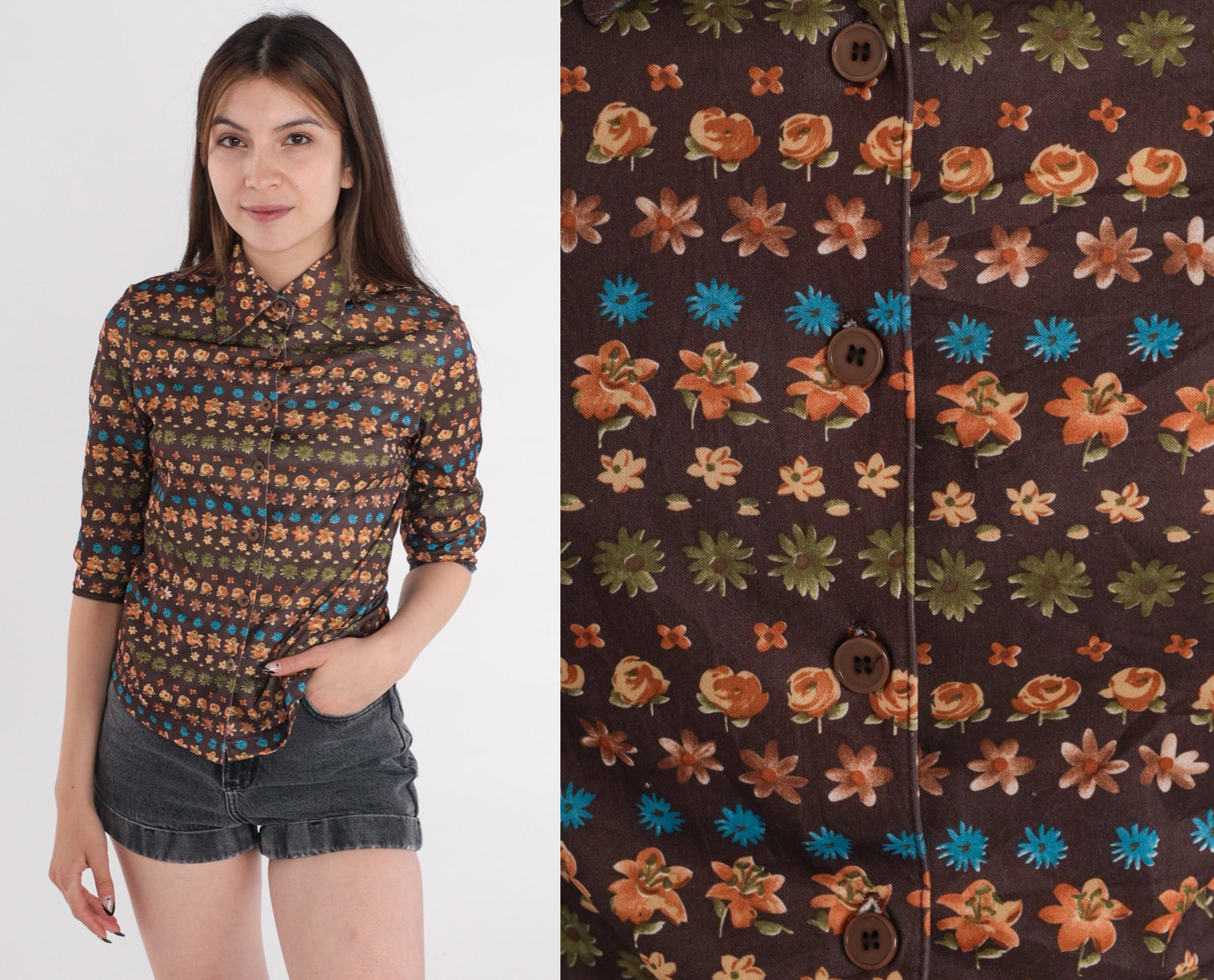 Y2K Brown Floral Button-Up Blouse Dagger Collar Long Sleeve Extra Small