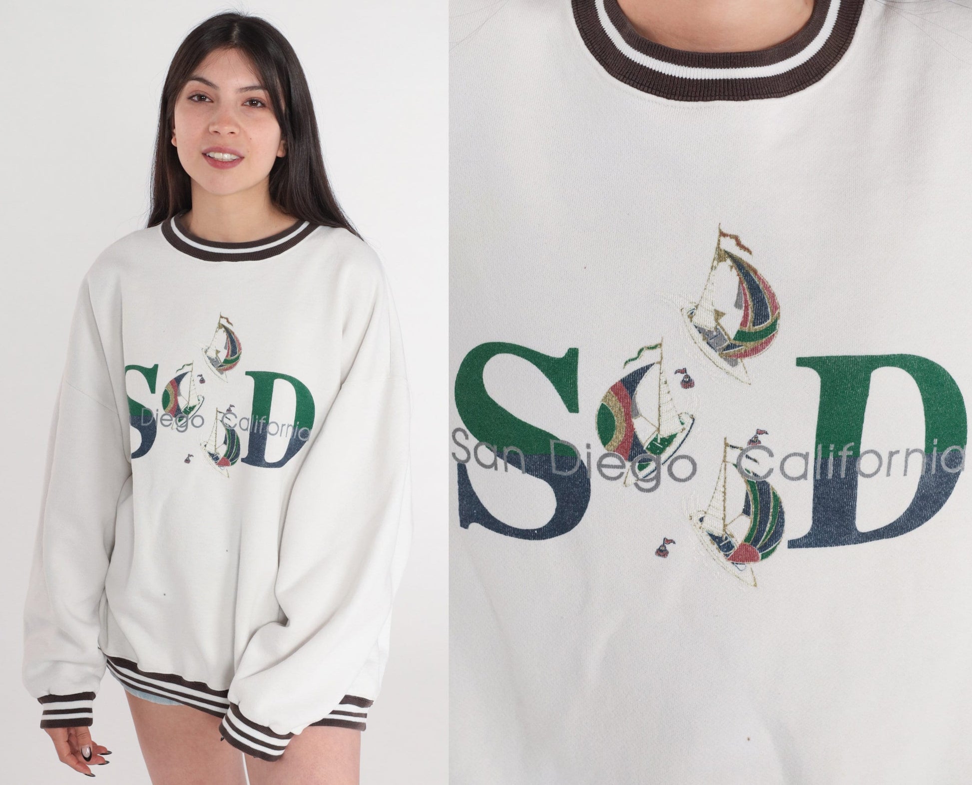 90s San Diego Sailboat Sweatshirt White Brown Graphic Ringer Neck XXL