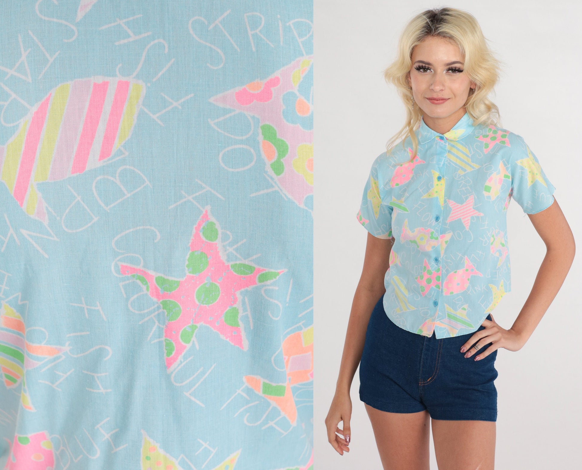 90s School Print Button-Up Blouse Star Fish Chalkboard Blue 2XS