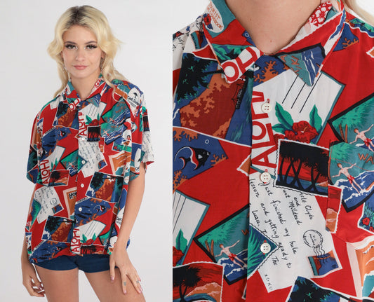 80s Hawaii Postcard Print Button-Up Shirt Red Short Sleeve Medium M