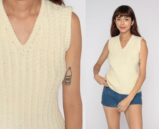 80s Cream Cable Knit Sweater Vest V-Neck Pullover Small S