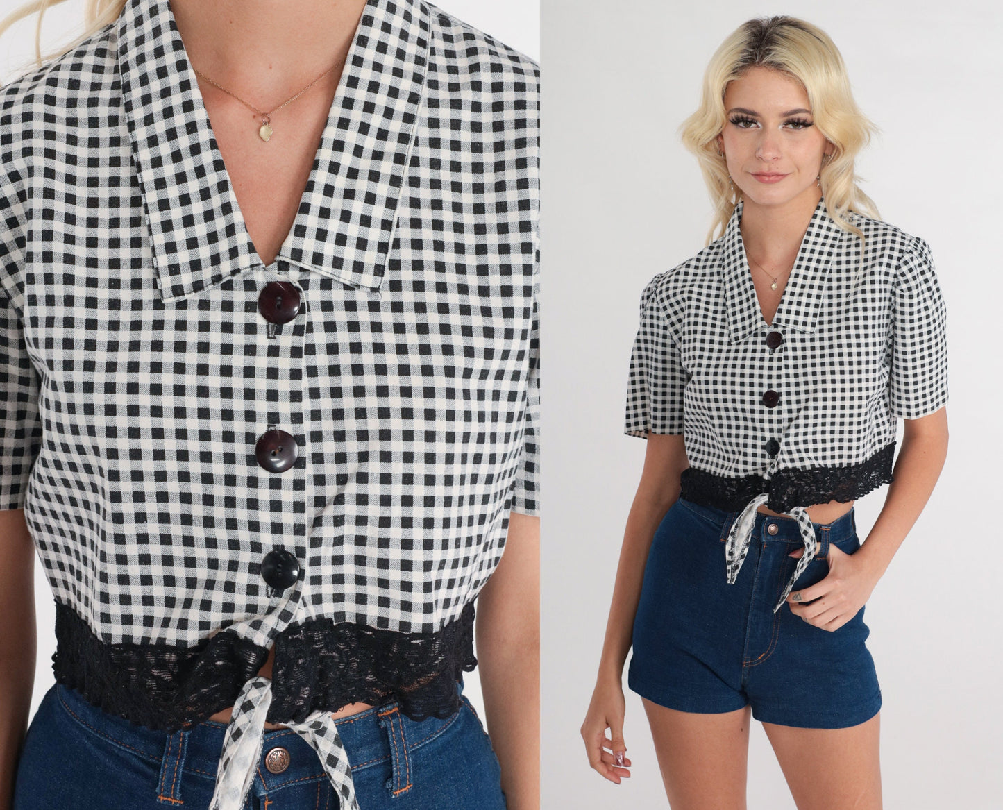 80s Black White Gingham Crop Top Tie Front Button Up Cotton Small