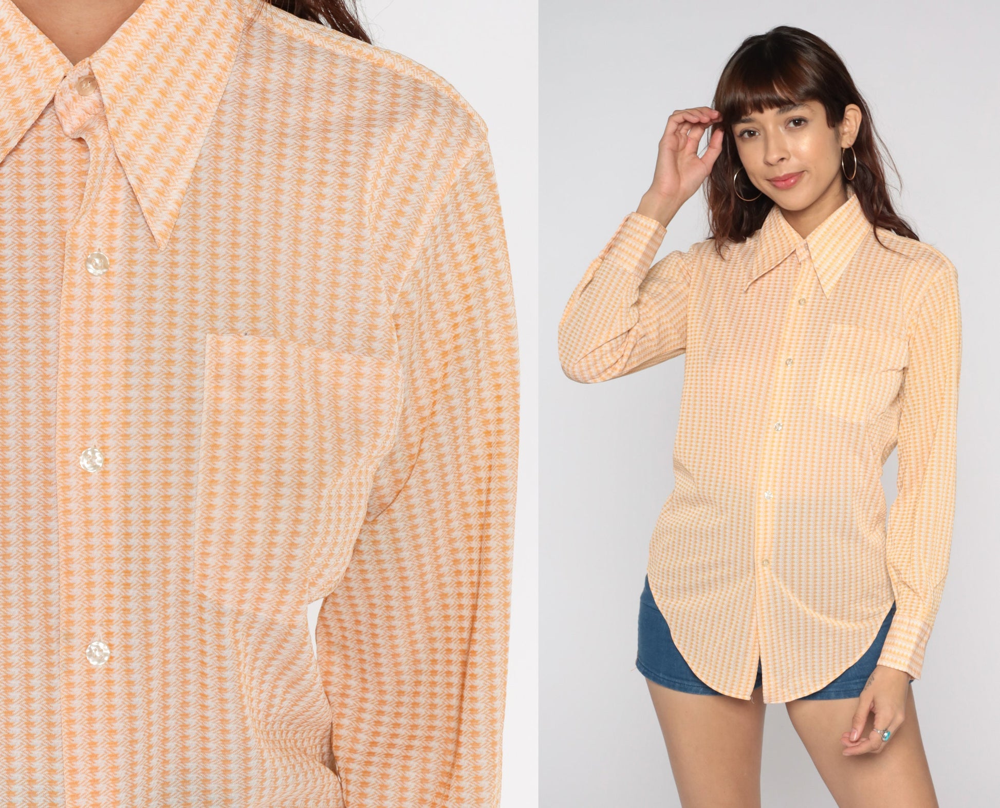 70s Checkered Dagger Collar Shirt Orange Plaid Button-Up Medium