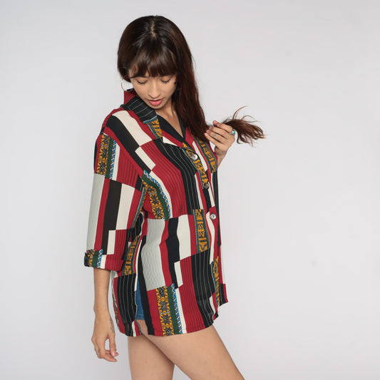 80s Geometric Striped Button Up Shirt Red Black White Yellow Large L