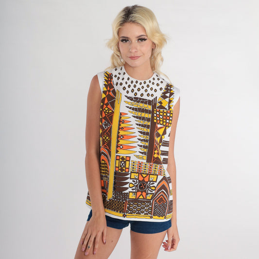 70s Abstract Print Tank Top Sleeveless Blouse White Medium