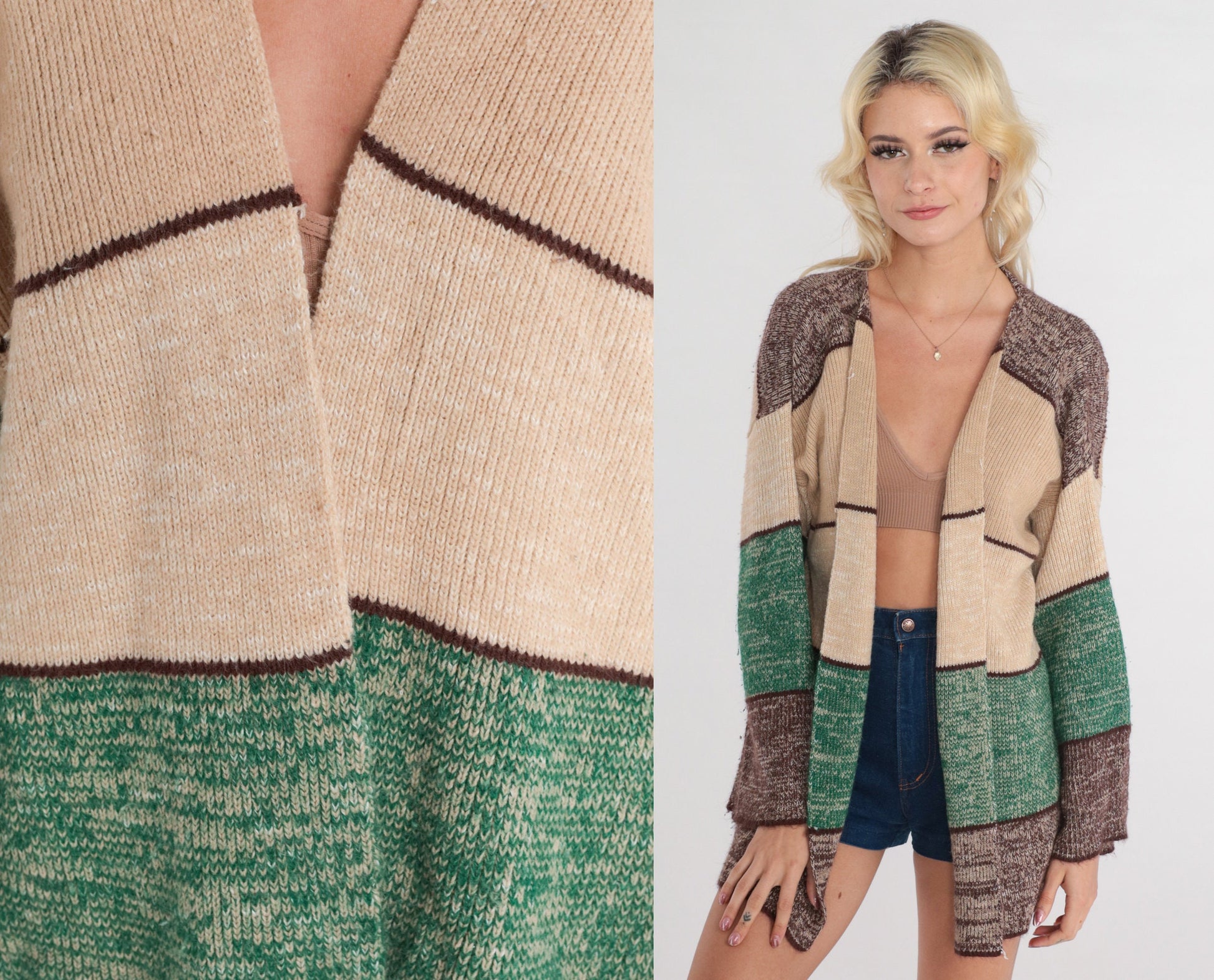 70s Striped Cardigan Open Front Knit Sweater Brown Beige Green Medium Large