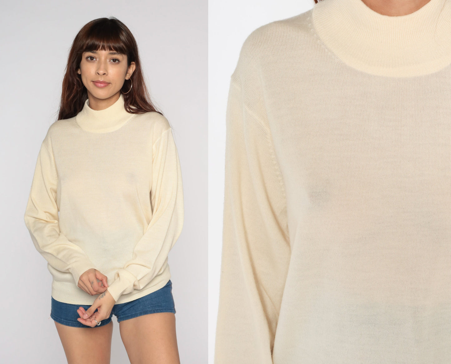 Y2K Merino Wool Mock Neck Sweater Cream Semi-Sheer Knit Small S